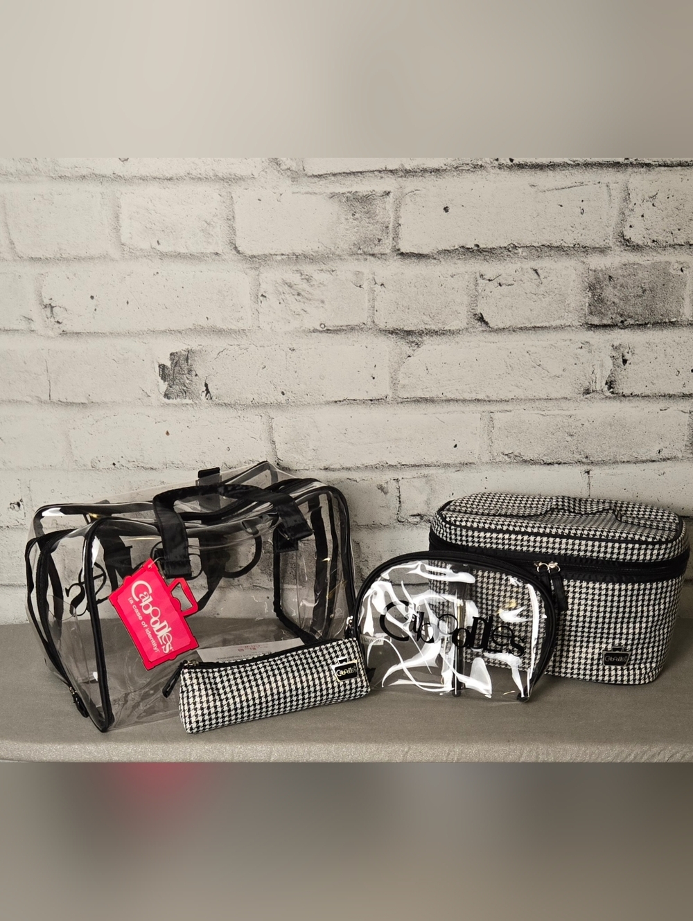 Caboodles 4pc Travel Makeup Bag Set Houndstooth Clear Train Case